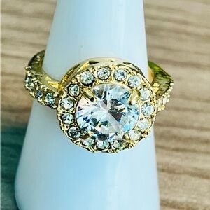 Vintage Gold Crystal Halo Engagement Ring - Women Jewelry